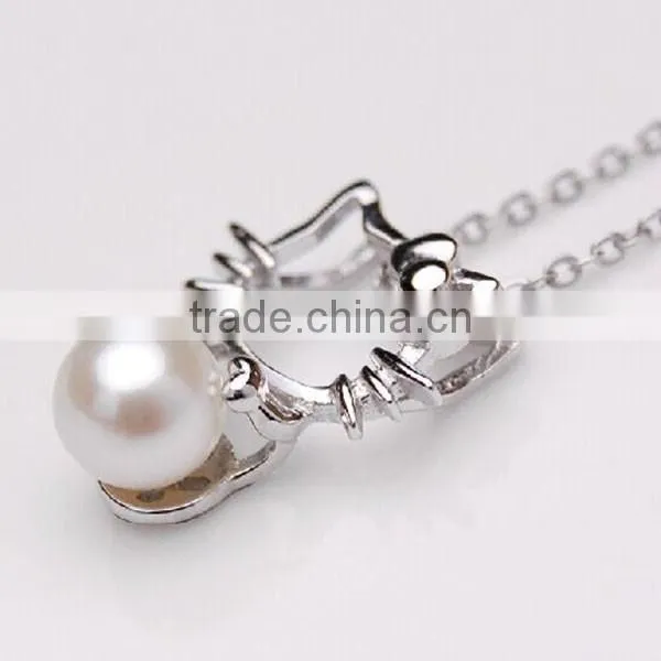 925 Sterling Silver Chain Cat Style Charm Natural Pearl Pendent Necklace photo-4