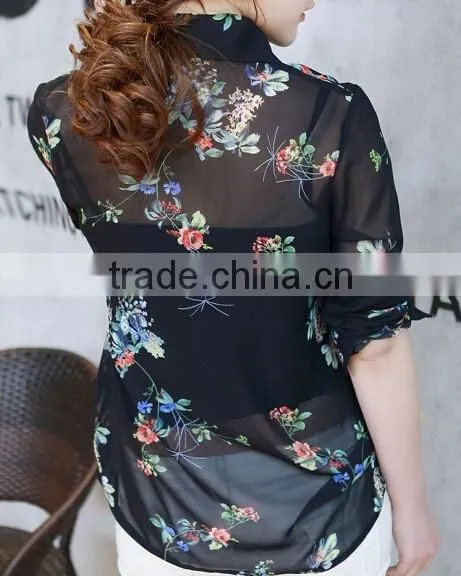 Hot Black Floral Print Chiffon Shirts for Woman Chiffon Long Sleeve Chiffon Tops photo-2