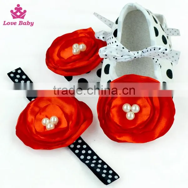 Fancy Polka Dot Floral Newborn Crib Shoes Baby Shoes Matching Headband photo-6