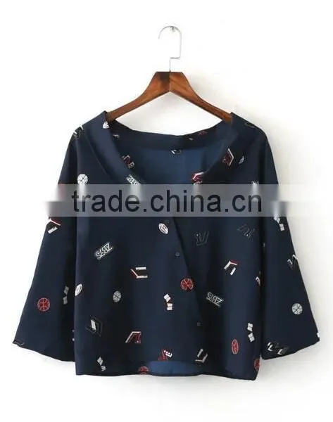 Runwaylover EY2339B Europe Style 2017 Ladies Fashion Label Printed Blouse photo-5