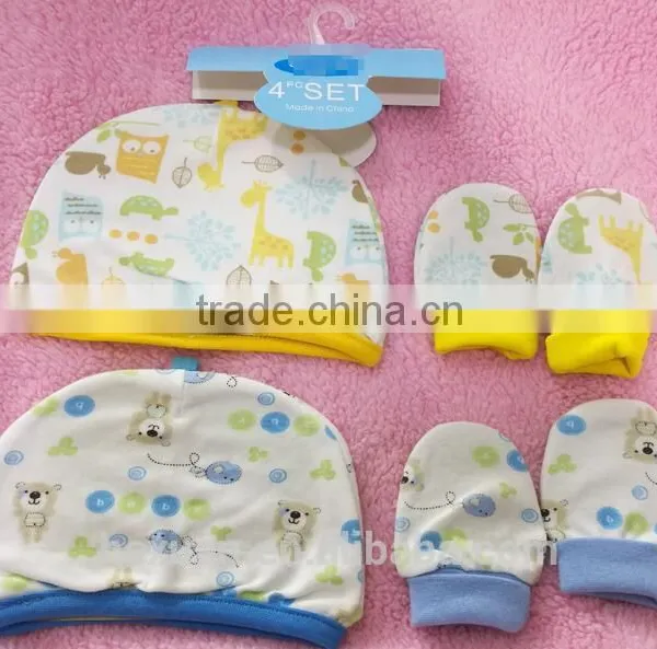 OEM or Stocked ,4pcs/set Newborn Baby Double Hat, 2 Pieces + Protective Gloves, 2 Pairs of Cotton, 4 Pcs Each Set photo-2