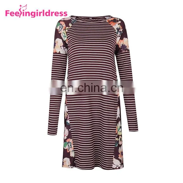 Autumn Red Latest Designs Fashion Print Loose T-Shirt Long Sleeve Casual Dress photo-3