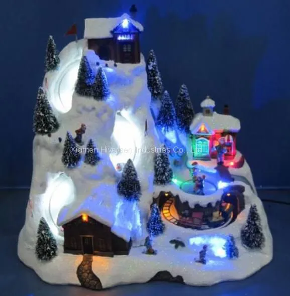 Polyresin Christmas Decoration 12'' LED Mountain Sence With Rotating Train,dancing People,skiing Childs , Eight Songs