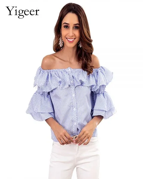 Off Shoulder Ruffled Sleeve Button Down Striped Shirt Top