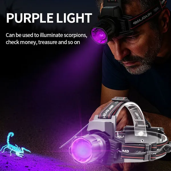 UV395 30W Фонарь на голову 1000 люмен LED с регулировкой, 1000 м дальности, телескопическим зумом, фиолетовый фонарь