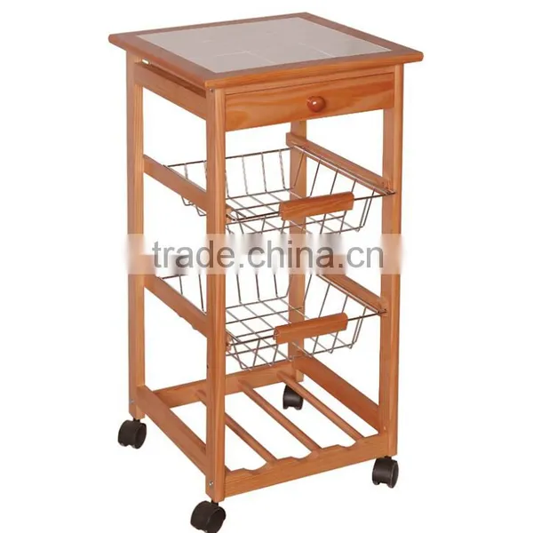 BBQ Wooden Trolley Serving Trolley With Glazed Tile Surface