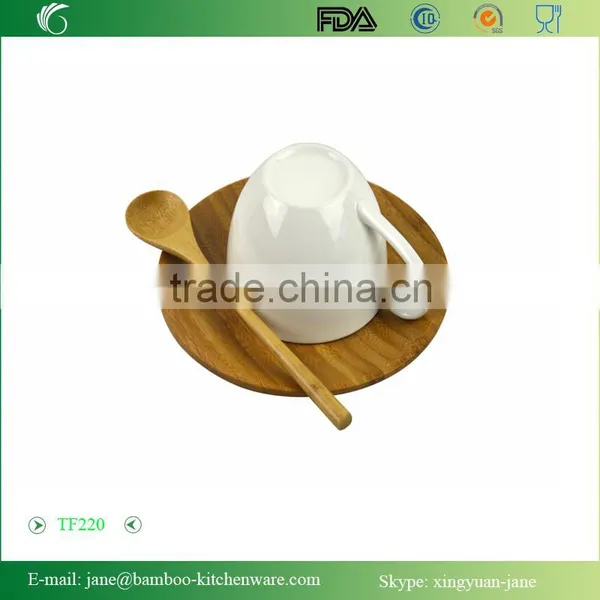Natural Bamboo Round Dish and Spoon Set for Coffee photo-4