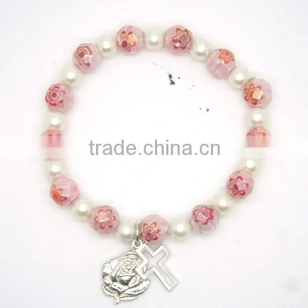Handmade Bracelet Chain With 8 mm Faceted Round Beads and Hollow-out Cross photo-2