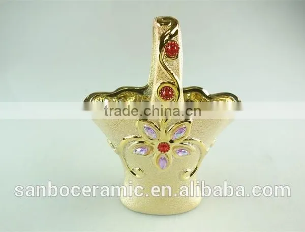 Electroplated Gold Ceramic Flower Basket With Pearl Decoration, Hanging Ceramic Flower Pot Wholesale photo-2
