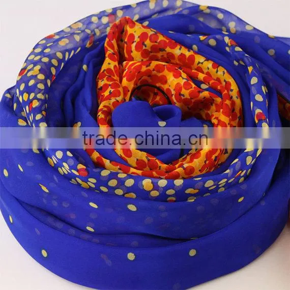 Crystal Blue Silk Scarf With Orange Dot Print - Polka Dot Printed Blue and Orange Silk Scarf photo-3