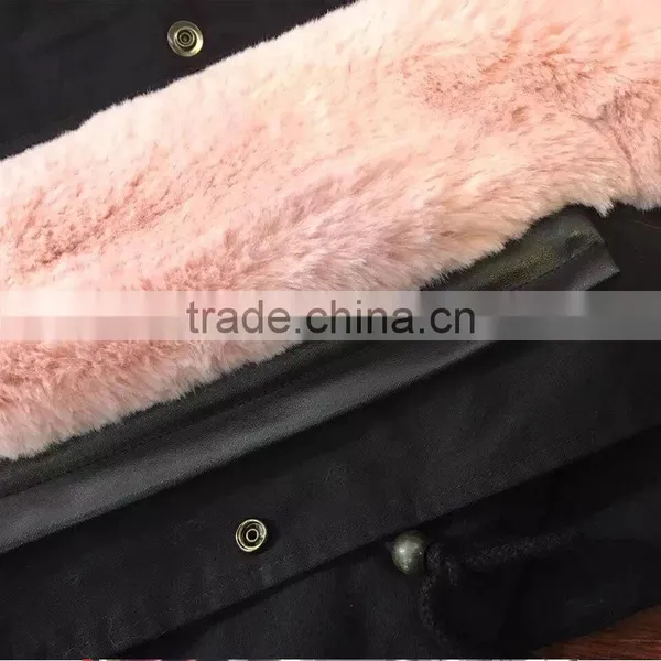 2017 FASHION Women Winter Wear Light Pink Fur Long Black Jacket Raccoon Fur Collar Mrs Furs Parka photo-5