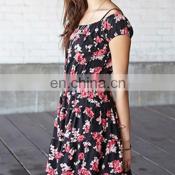 CHEFON Short Sleeve off Shoulder Allover Rose Print Tiered Women Smock Dress photo-2