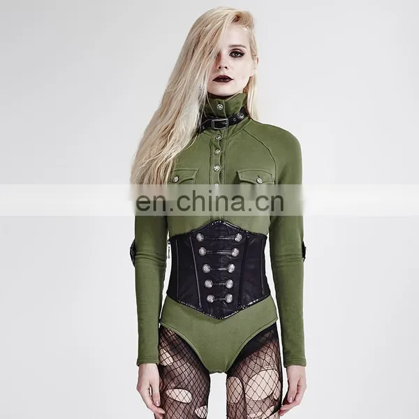 Punk Rave Gothic Military Green Long Sleeve Standing Collar Body T-434 photo-2
