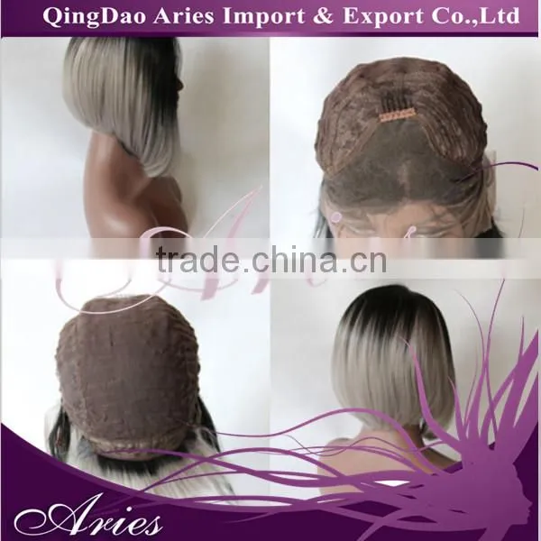 SHORT BOB STRAIGHT LACE FRONT WIG SYNTHETIC HAIR BLACK AND GRAY COLOR photo-3