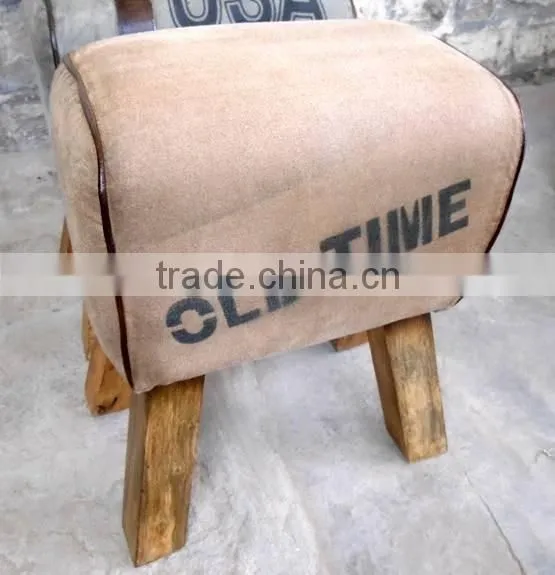 Canvas Leather Industrial Stool With Mango Wood photo-2