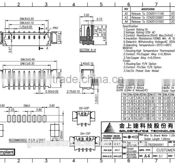 2 ~ 15 Pin Available 1.25mm Pitch SMT 5-Pin PCB Wire to Board Connector photo-6