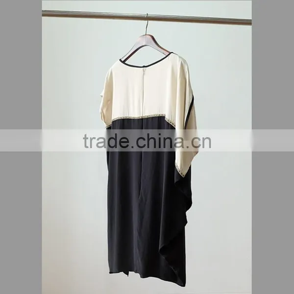 100% Silk Contrast Color Dress With Beaded Round Collar photo-2