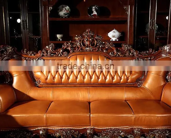 American Style Palace Leather Sofa With Carved Wooden Frame, Villa Sofa Set(MOQ=1 SET) photo-2