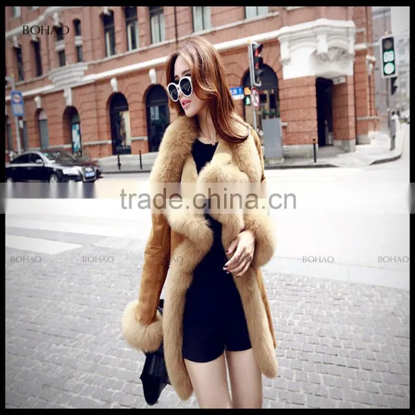 Fashion Imported Ladies Winter Faux Fur Suede Coat With Big Fur Collar Waist Jackets photo-4