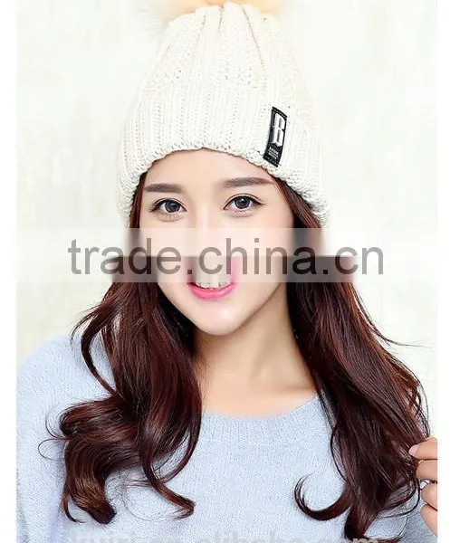 Logo Design Accept Woman Winter Warm Plush Thicken Winter Beanie Knit Hat With Fur Poms photo-5
