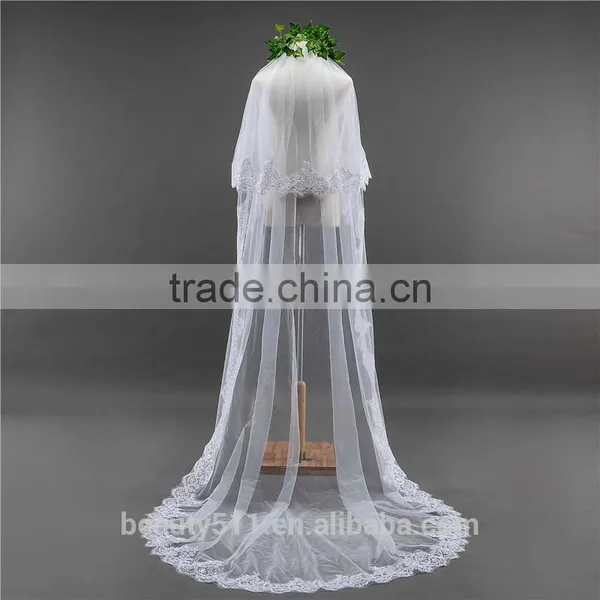 2017 Wholesale Wholesale White Wedding Lace Bridal Veils Fashionable Long Tulle HL09 photo-4