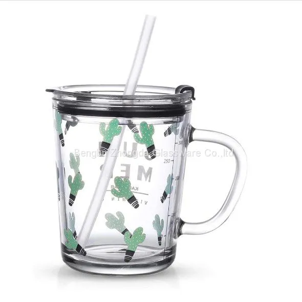 14oz Clear Thicken Glass Mugs With Handle and Lid Silicon Straw