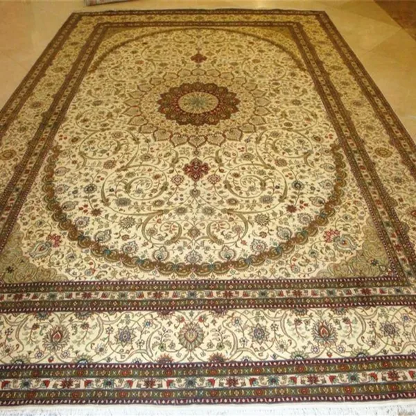 9x12ft/274x366cm Beige Color Antique Handmade Silk Collection Persian Carpet and Rug photo-5