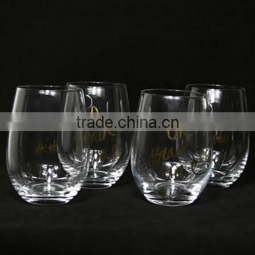 480ML Hand Blown Stemless Wine Glass Cup With Gold Decal