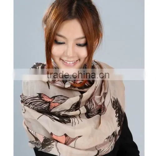 Khaki Begonia Flower Ink Style Long Cotton Neck Scarf Shawl photo-5
