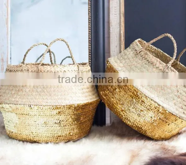 Gold/ Silver Sequin Seagrass Basket/ Storage Seagrass Basket photo-3