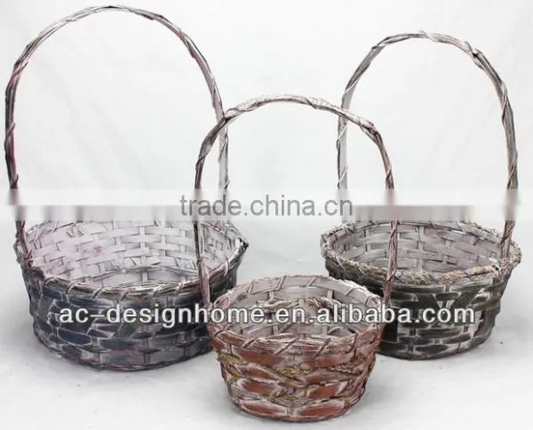 S/3 GREEN/BROWN WASH ROUND BAMBOO CHIP/SEAGRASS BASKET W/HANDLE