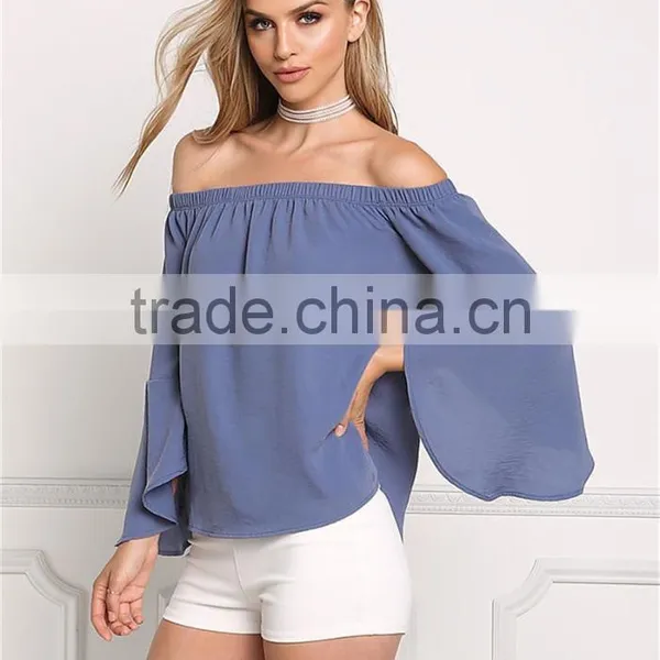 MGOO New Custom Designs Plain Blue Blouses Off Shoulder Long Sleeves Flare Opening Fashion Viscose Blouses photo-2