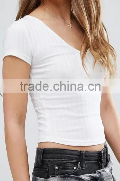 2017 Women Tank Top Ribbed V Neck Top OEM Service Machine Wash Short Sleeve Stretch Bulk Wholesale photo-2