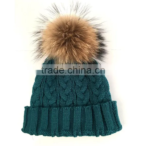 Myfur Teal Green Large Animal Raccoon Fur Bobble Crochet Hat and Cap photo-2