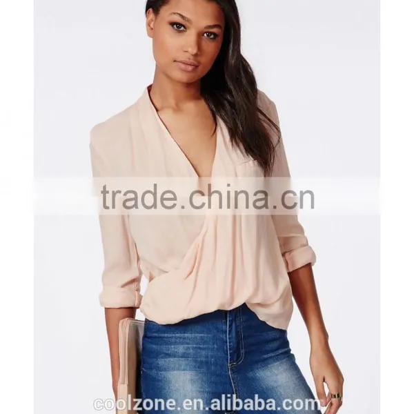 100% Polyester Wrap Over Nude Women Blouse for Middle Aged Women photo-4