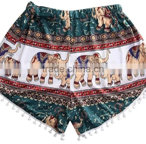 Vintage Bohomian Hippies Gypsy Girls Womens Pom Pom Trimming Shorts Elephant Ethnic Cotton Printed Ladies Viscose Beach Casual photo-2