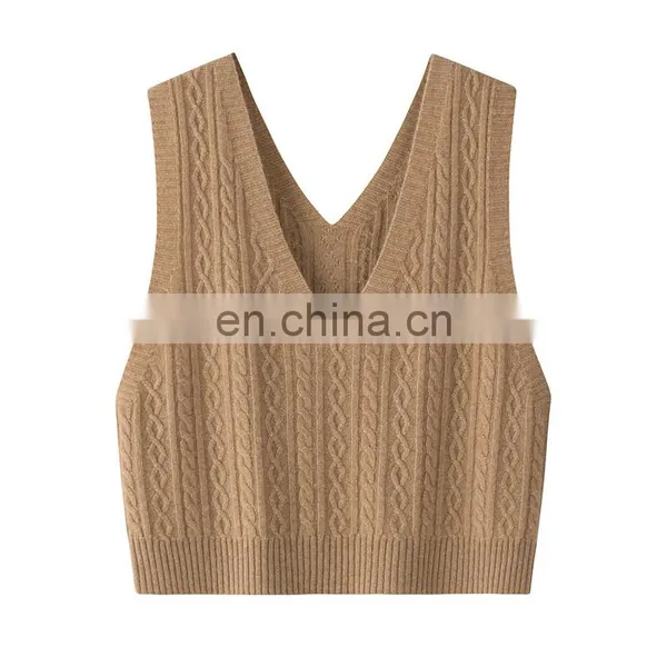 Wholesale 100% Cashmere Knit Women's Tank Top Sexy V-Neck Casual Short Woolen Clothing With Embroidered Logo on Back for Suits photo-4