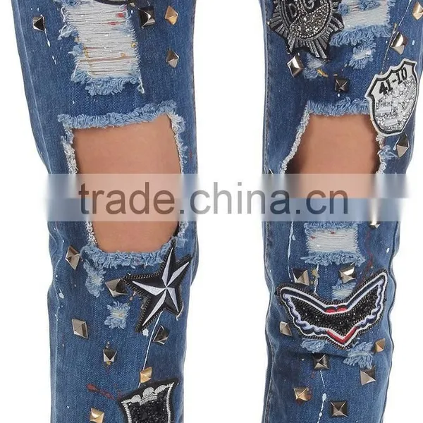 Women New Blu Destroyed Denim Embroidered Jeans Pants Trousers photo-4