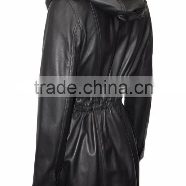 Ladies Black Knee Length Detachable Fur Hooded Soft Nappa Leather Jacket photo-2