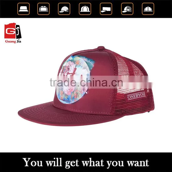 Wholesale Plain Burgundy Printing Floral Pattern Flat Bill Mesh Hat Custom Snapback Trucker Cap