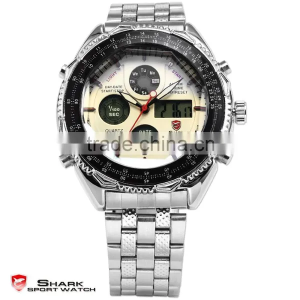 Shark Men Digital LCD Stopwatch Stainless Steel Quartz Sport Analog Watch