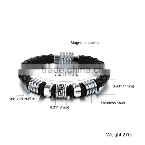 Mens Genuine Leather Bracelet With Magnetic Clasp Stainless Steel Beads photo-5