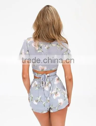 2016 Fashionable Floral Printed Bandage Crop Top And Shorts Sets photo-4