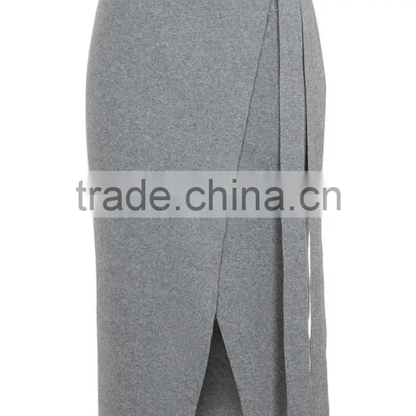 High Quality D-Ring Wrap Skirt Winter Grey Long Skirts Women Slit Office Wear Skirts photo-3