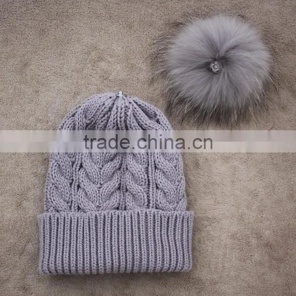 Myfur High Quality Wool Cable Knit Beanie Hat Pom Pom Custom Fur Hats photo-6
