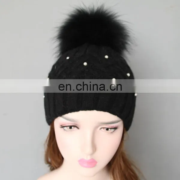 Fashion Design Black Knitted Pattern Wool Blend Hats With Fur Pom photo-2