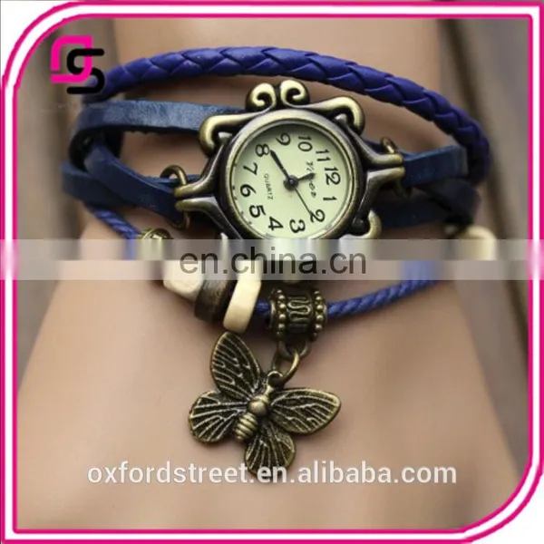 Ms Retro Hand-woven Imitation Leather Bracelet Watch Fashion and Colorful Butterfly Pendant Quartz Watch photo-5