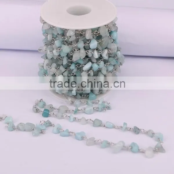 Blue Aquamarine Chip Beads Link Rosary Chains, Brass Silver Plated Wire Wrapped Chain photo-2