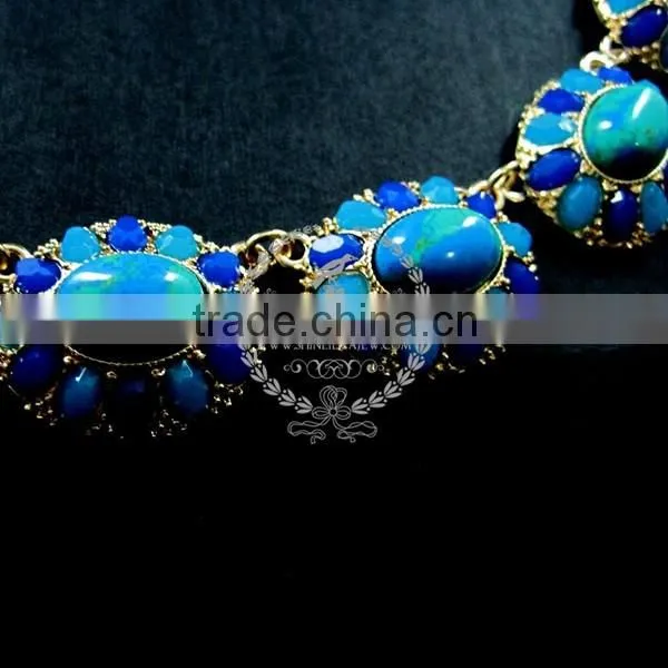 Vintage Blue Stone Arcylic Antiqued Gold Oval Charm Fashion Chic Women Statement Necklace Jewelry 2013 6390016 photo-2