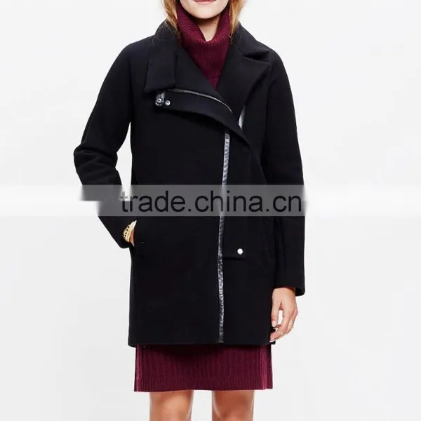 Wholan New Classic Black Wool Zip up Coat for Ladies Wholesale 2016 photo-2